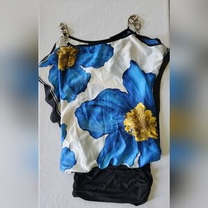 Trac Unique Blue and Yellow Floral Top, Open Sleeves, Lightweight Chain Straps